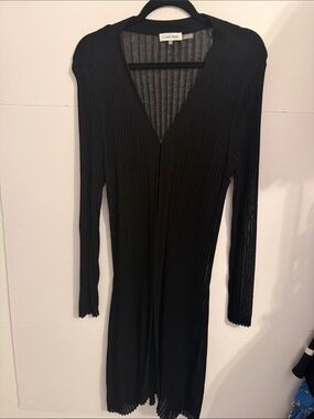 Calvin Klein Sheer Black Ribbed Long-Sleeve Button-Front Duster cardigan large